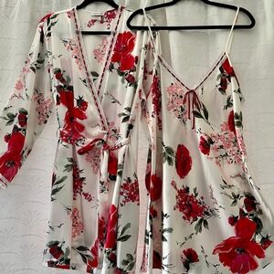 Jones New York Y2K Satin Floral Chemise & Robe Set Sz L Red Ribbon Lace Trim